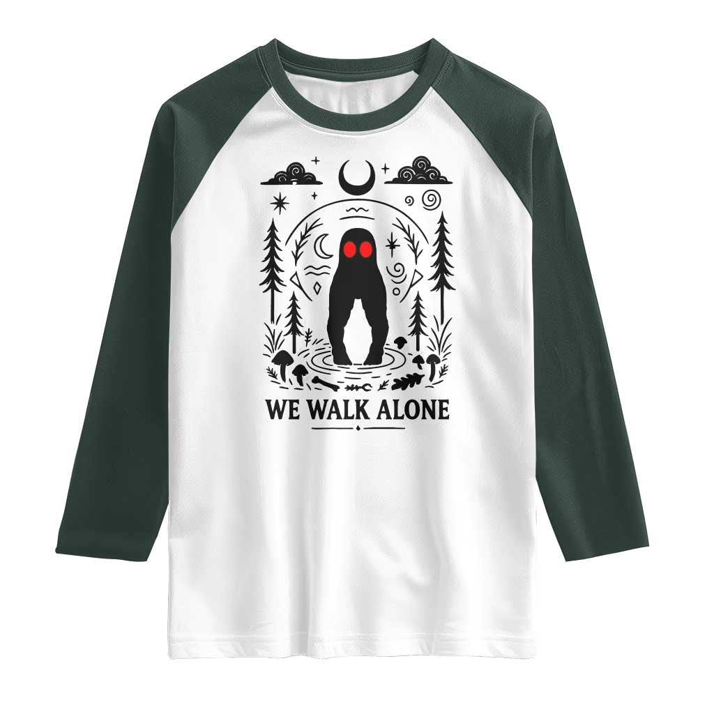 We Walk Alone Fresno Nightcrawler Raglan Shirt California Cryptid Hunter TS12 White Dark Forest Green Print Your Wear