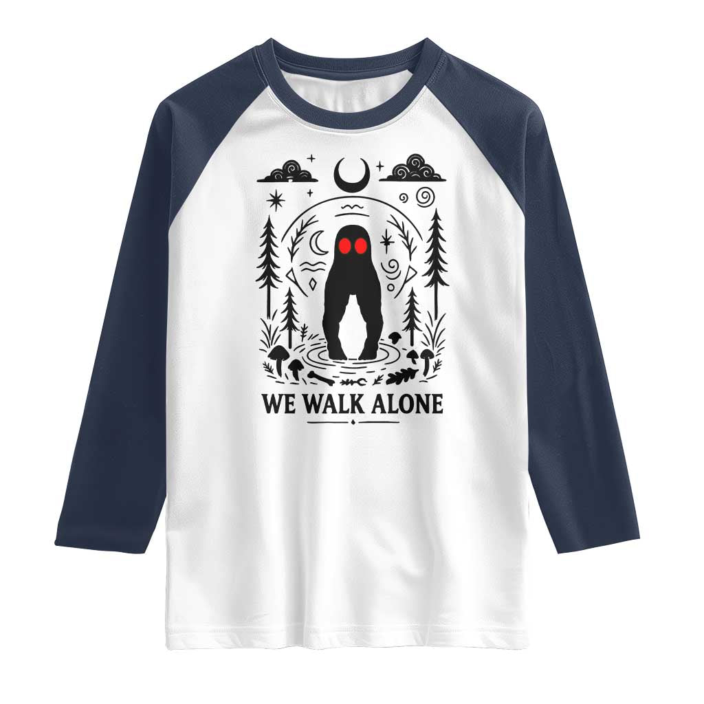We Walk Alone Fresno Nightcrawler Raglan Shirt California Cryptid Hunter TS12 White Navy Print Your Wear