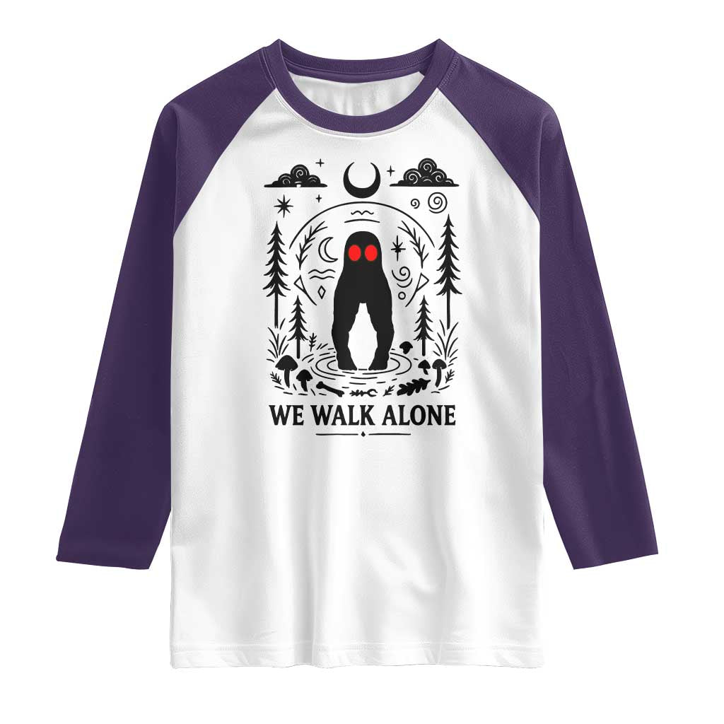 We Walk Alone Fresno Nightcrawler Raglan Shirt California Cryptid Hunter TS12 White Purple Print Your Wear