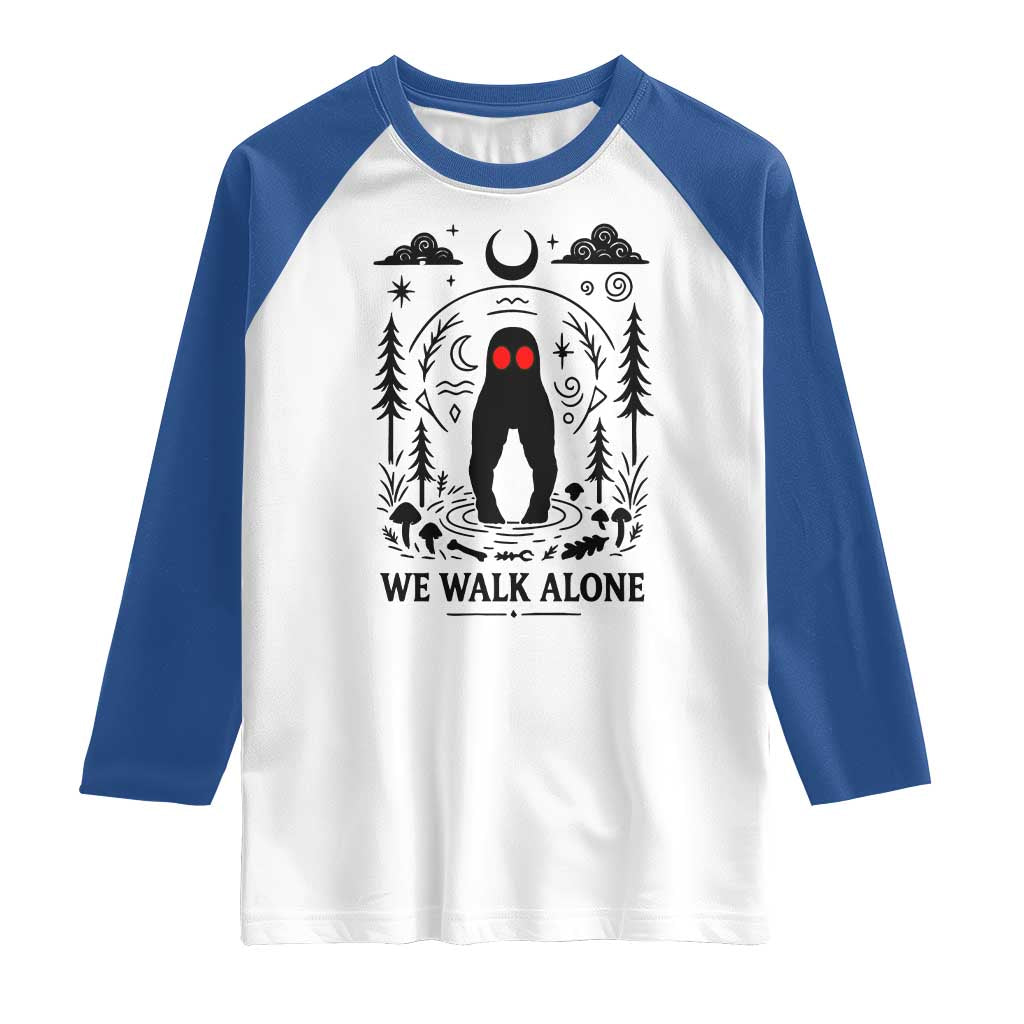 We Walk Alone Fresno Nightcrawler Raglan Shirt California Cryptid Hunter TS12 White Royal Print Your Wear