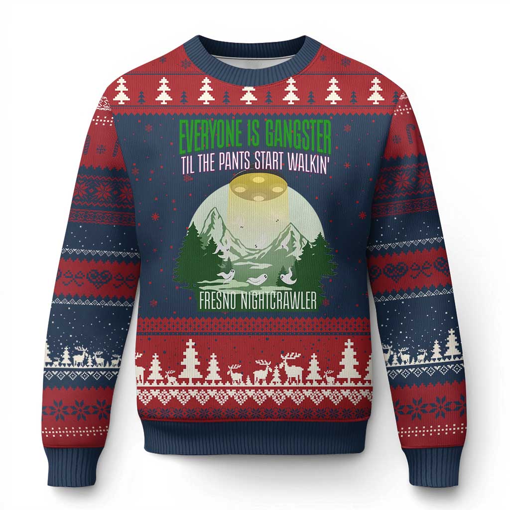 Fresno Nightcrawler Ugly Christmas Sweater Everyone Is Gangster Til The Pants Start Walkin TS12 Navy Red Print Your Wear