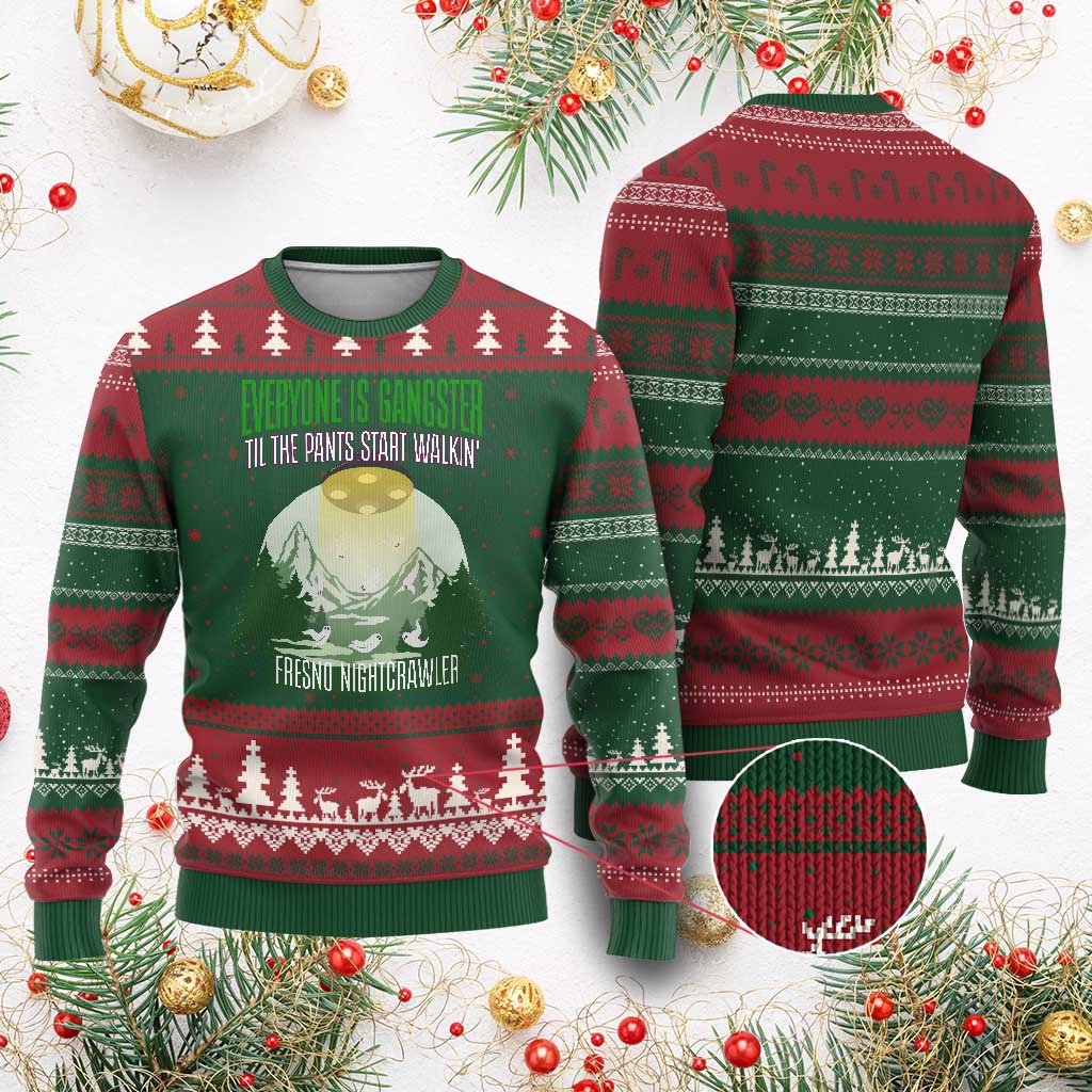 Fresno Nightcrawler Ugly Christmas Sweater Everyone Is Gangster Til The Pants Start Walkin TS12 Red Green Print Your Wear