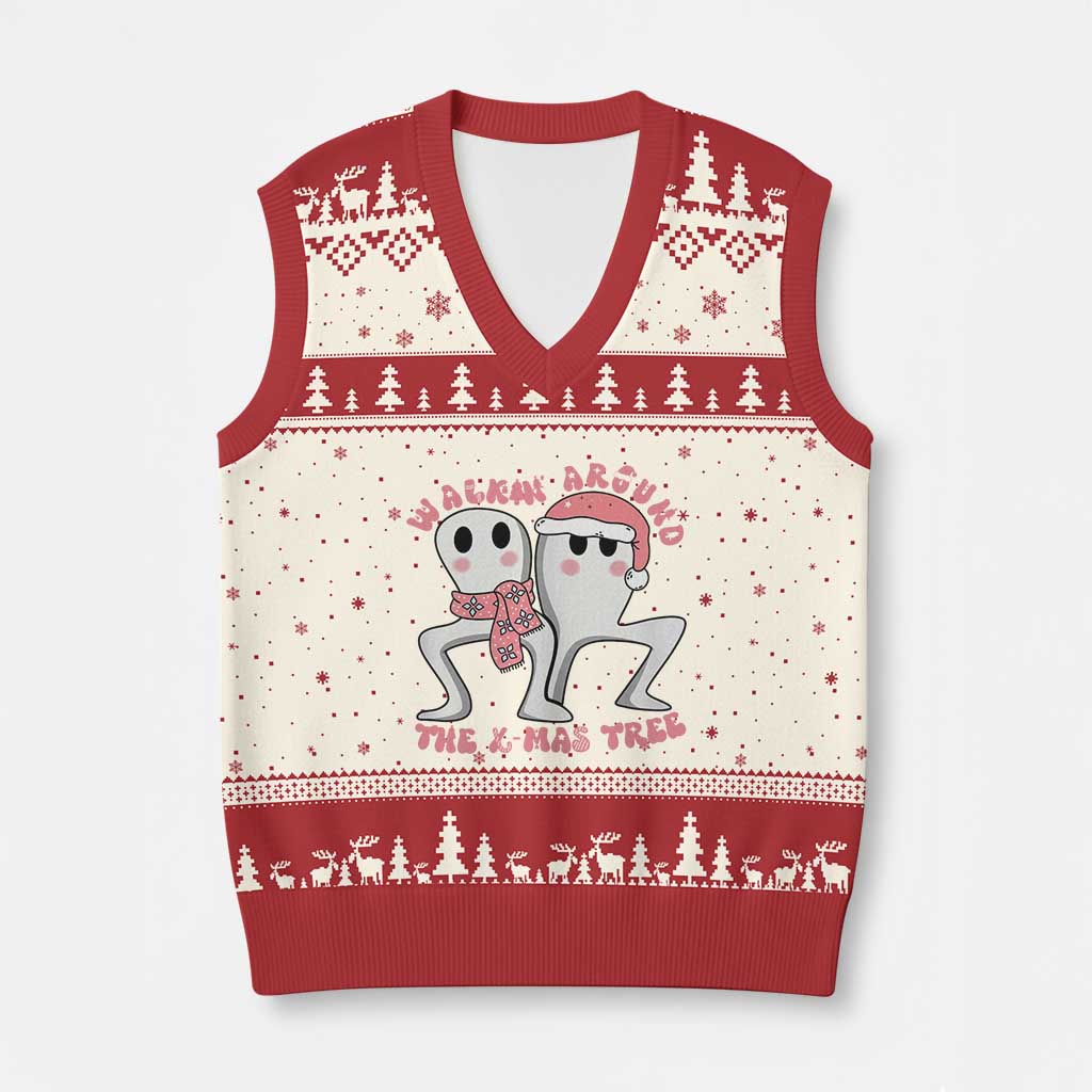 Walkin Around The Xmas Tree V-Neck Knit Sweater Vest Fresno Nightcrawler Cryptid Xmas Gift TS12 Beige Red Print Your Wear