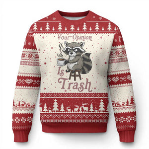 Funny Sarcastic Raccoon Coffee Lover Ugly Christmas Sweater Your Opinion Is Trash Gift TS12 Beige Red Print Your Wear