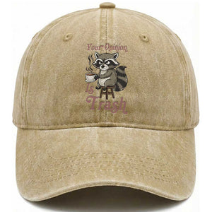 Funny Sarcastic Raccoon Coffee Lover Washed Cotton Baseball Cap Your Opinion Is Trash Gift TS12 Print Your Wear