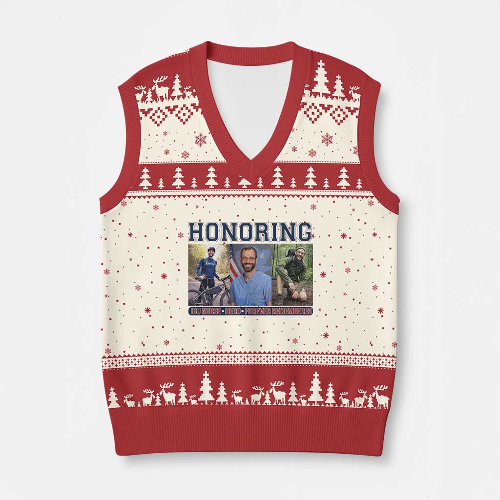 Honoring Alex Pretti Memorial V-Neck Knit Sweater Vest ICU Nurse Hero Tribute Minneapolis TS12 Beige Red Print Your Wear