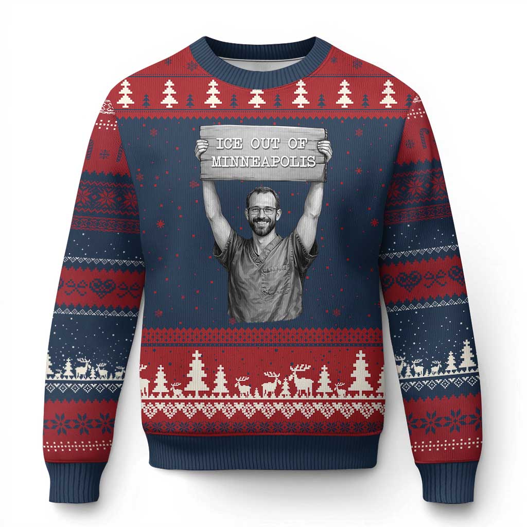 Ice Out Of Minneapolis Ugly Christmas Sweater Alex Pretti Memorial ICU Nurse Tribute Support TS12 Navy Red Print Your Wear