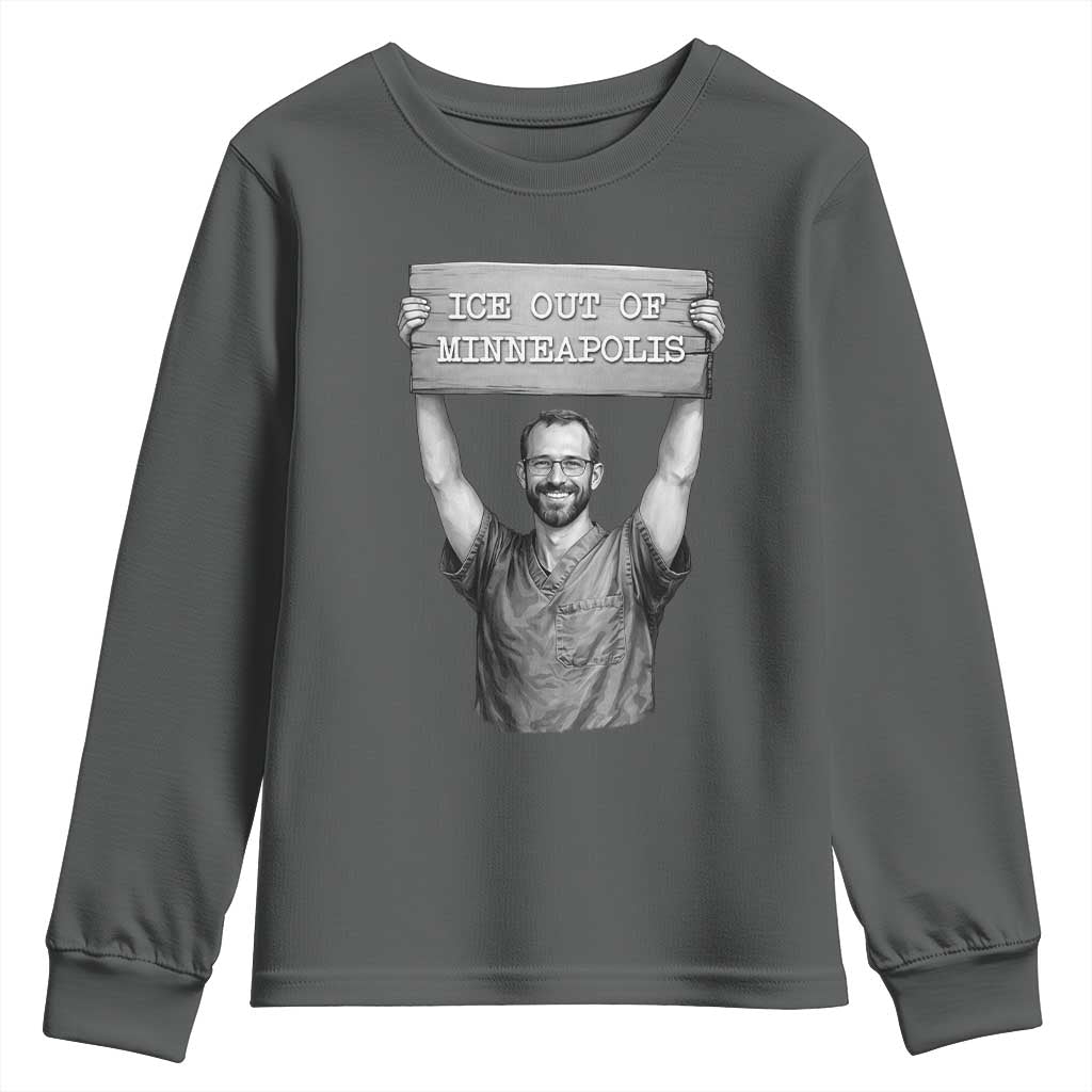 Ice Out Of Minneapolis Youth Sweatshirt Alex Pretti Memorial ICU Nurse Tribute Support TS12 Dark Heather Print Your Wear