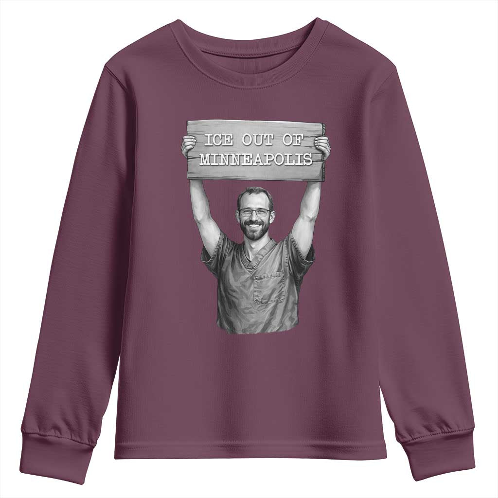 Ice Out Of Minneapolis Youth Sweatshirt Alex Pretti Memorial ICU Nurse Tribute Support TS12 Maroon Print Your Wear