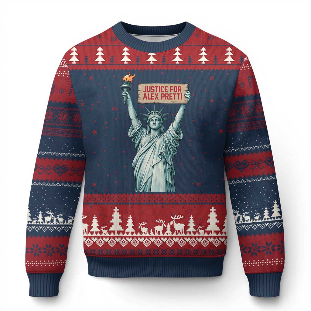 Statue Of Liberty Justice For Alex Pretti Tribute Gift Ugly Christmas Sweater TS12 Navy Red Print Your Wear