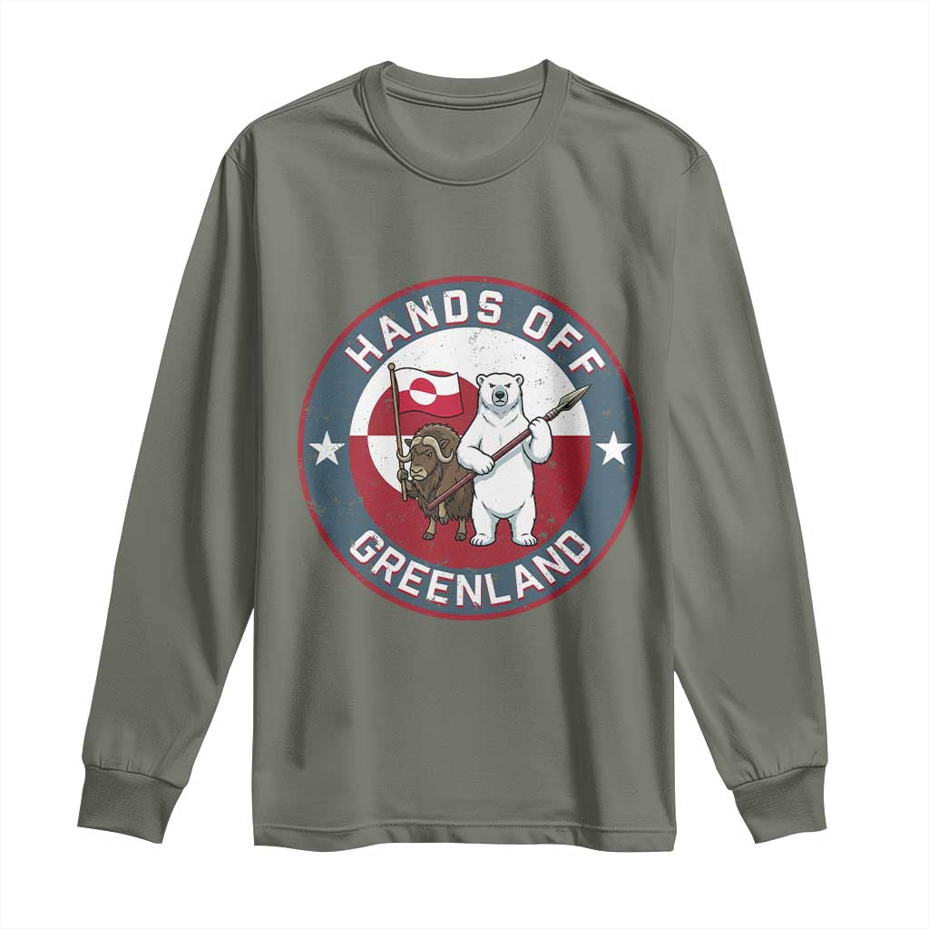 Hands Off Greenland Long Sleeve Shirt Anti Authoritarian Political Gag Gift TS12 Military Green Print Your Wear