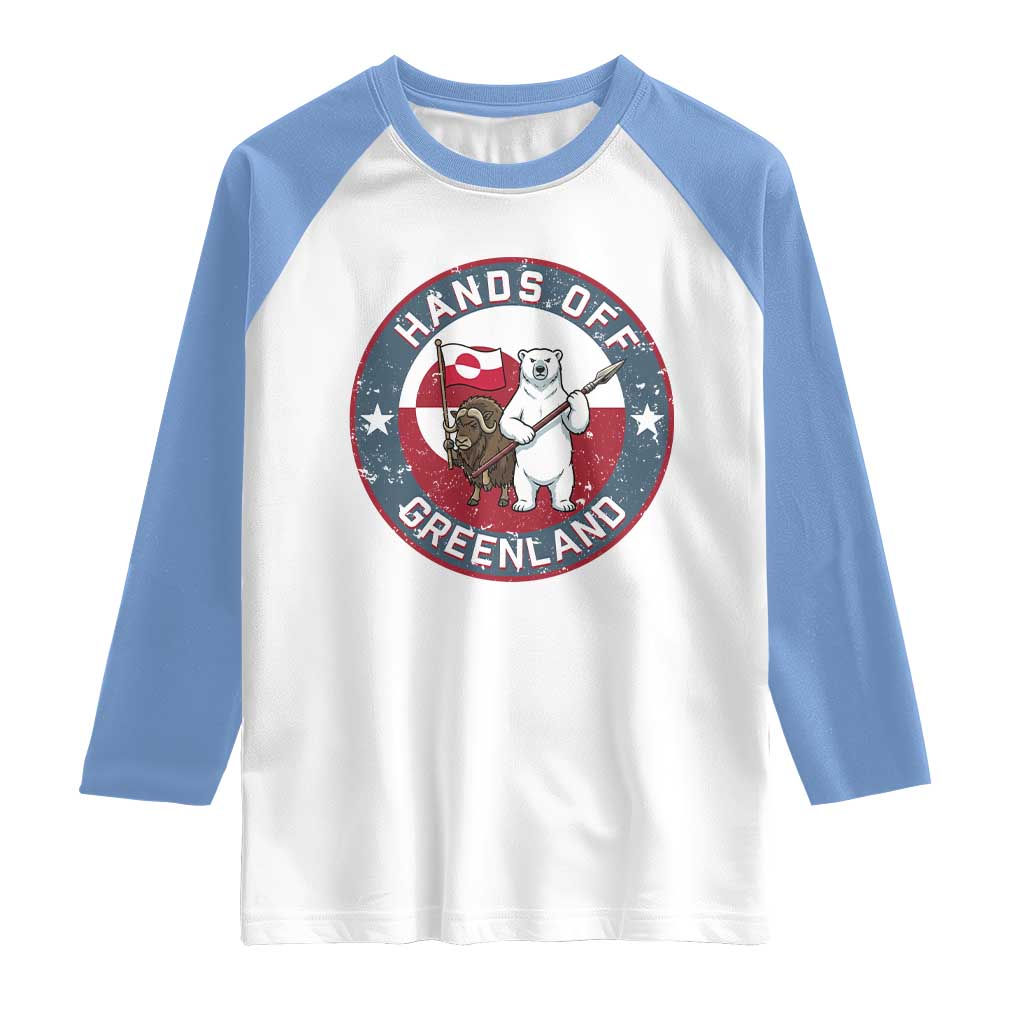 Hands Off Greenland Raglan Shirt Anti Authoritarian Political Gag Gift TS12 White Carolina Blue Print Your Wear