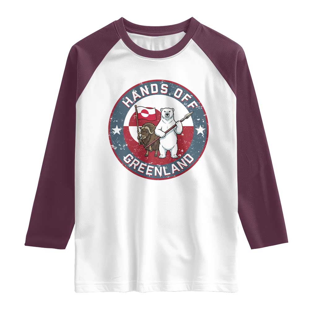Hands Off Greenland Raglan Shirt Anti Authoritarian Political Gag Gift TS12 White Maroon Print Your Wear