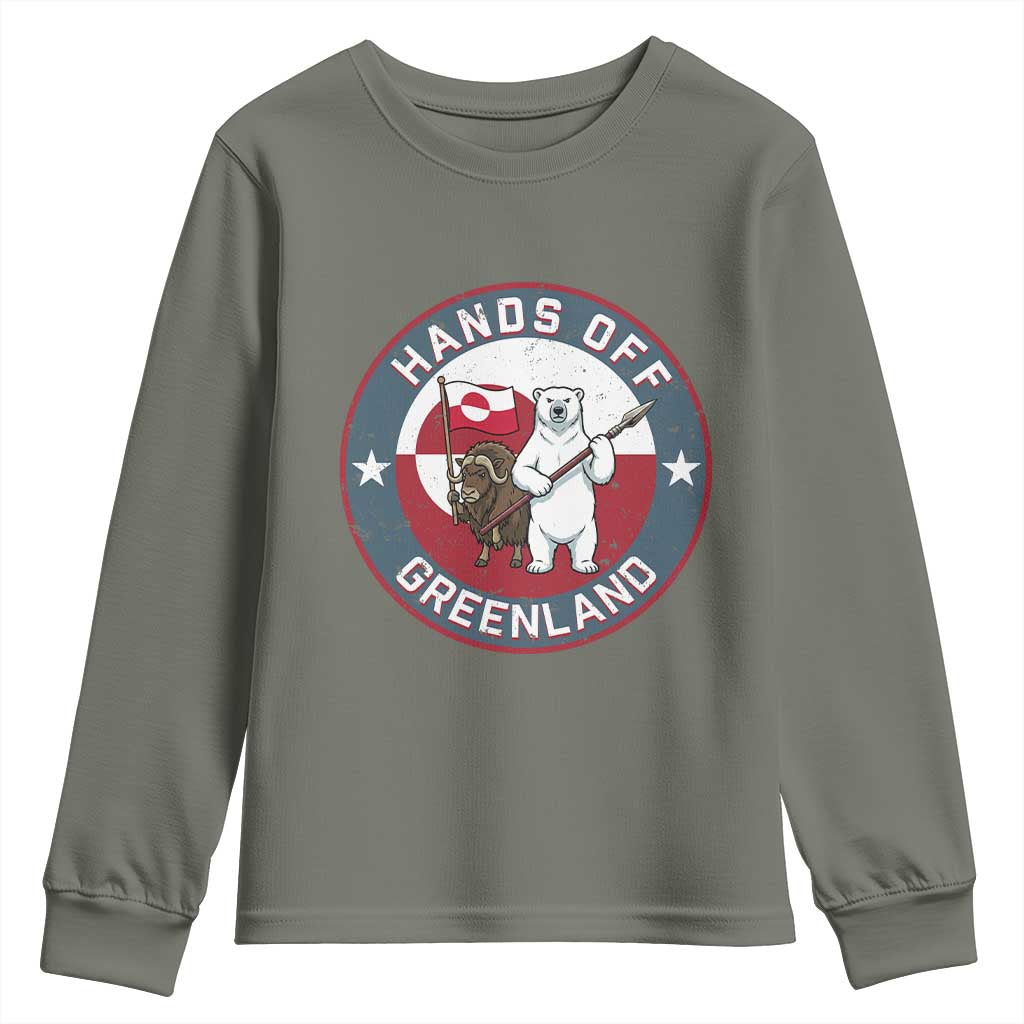 Hands Off Greenland Youth Sweatshirt Anti Authoritarian Political Gag Gift TS12 Military Green Print Your Wear