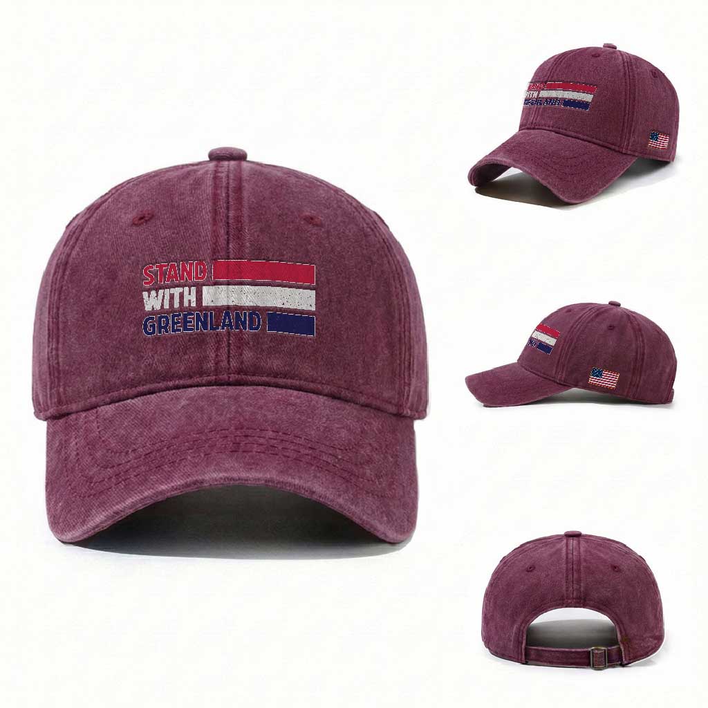 Vintage Retro Stand With Greenland Washed Cotton Baseball Cap Support Greenlander Gift TS12 Washed Cap Universal Fit Burgundy Print Your Wear