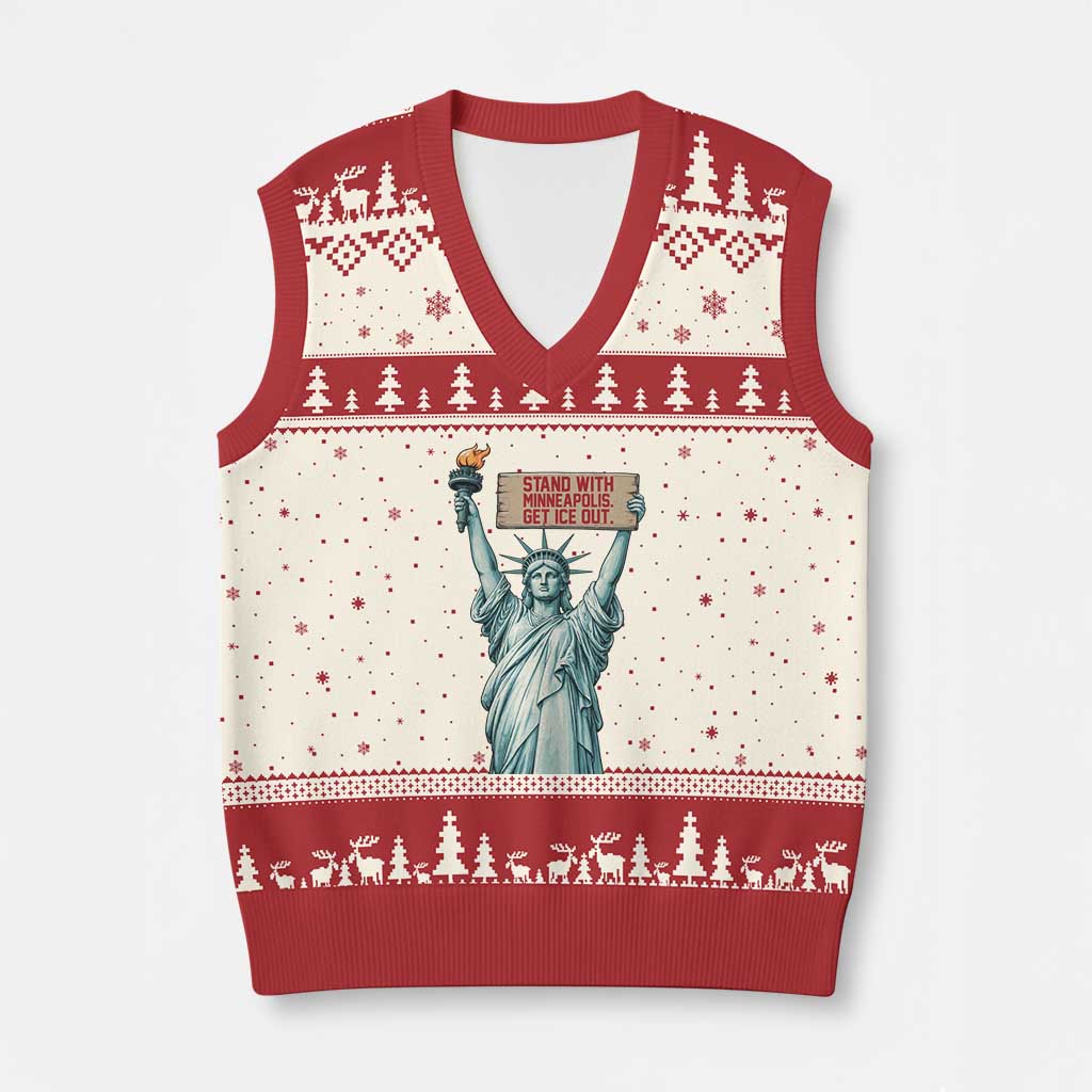 Stand With Minneapolis V-Neck Knit Sweater Vest Statue Of Liberty Torch Justice Support TS12 Beige Red Print Your Wear