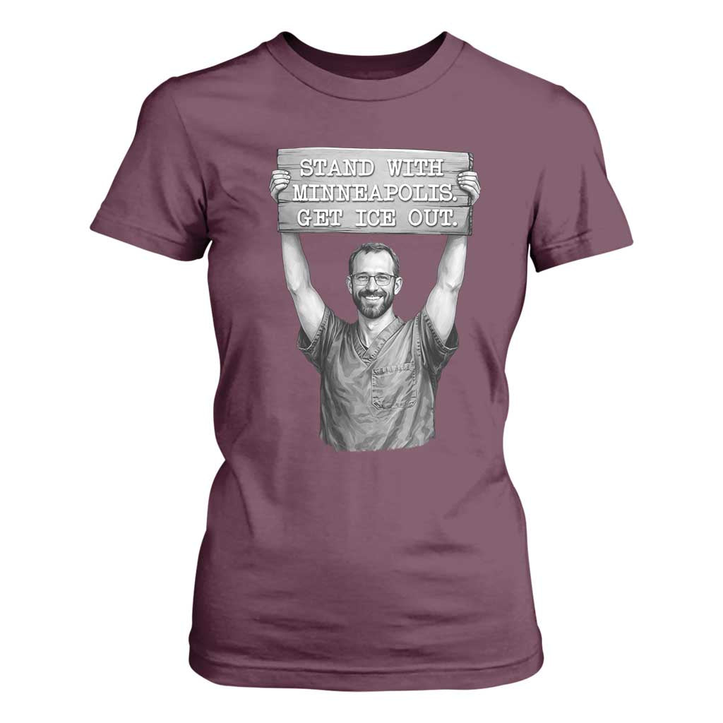 Stand With Minneapolis T Shirt For Women Alex Pretti Memorial ICU Nurse Support TS12 Maroon Print Your Wear