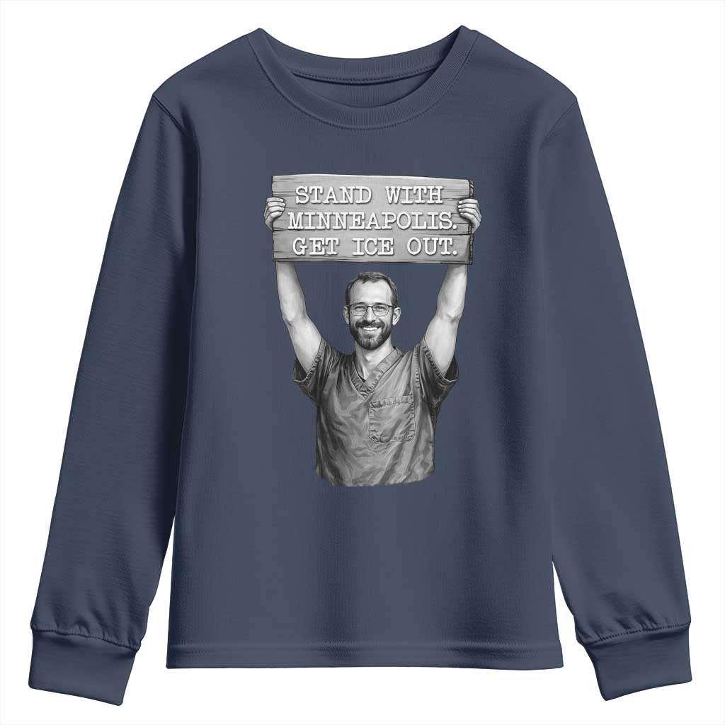 Stand With Minneapolis Youth Sweatshirt Alex Pretti Memorial ICU Nurse Support TS12 Navy Print Your Wear