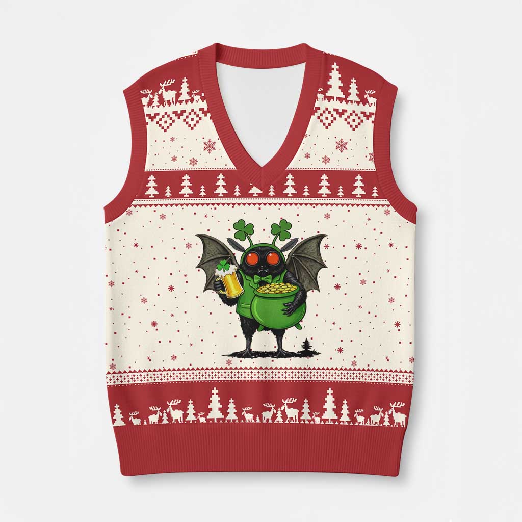 Funny Mothman V-Neck Knit Sweater Vest St Patricks Day Cryptid Gift TS12 Beige Red Print Your Wear