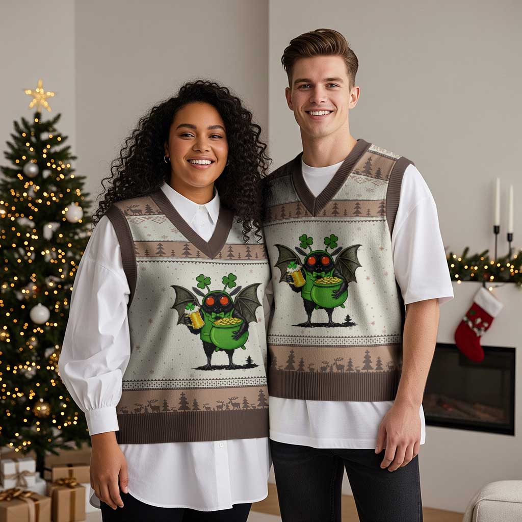 Funny Mothman V-Neck Knit Sweater Vest St Patricks Day Cryptid Gift TS12 Mocha Mousse Print Your Wear