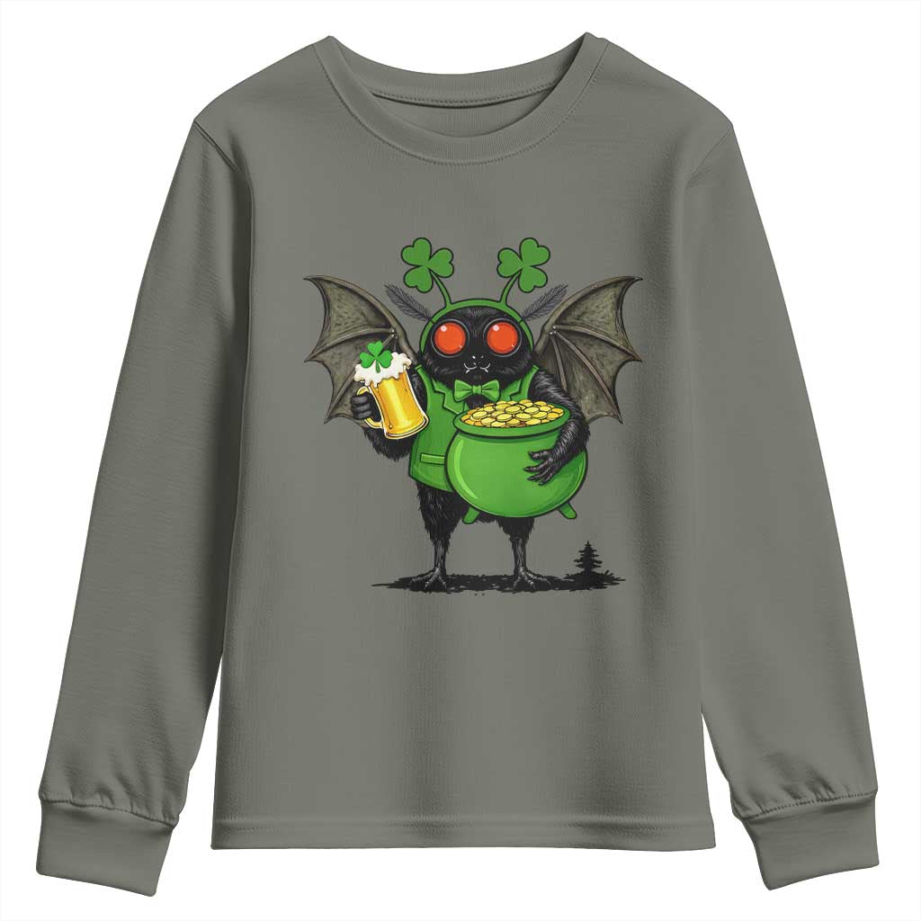 Funny Mothman Youth Sweatshirt St Patricks Day Cryptid Gift TS12 Military Green Print Your Wear