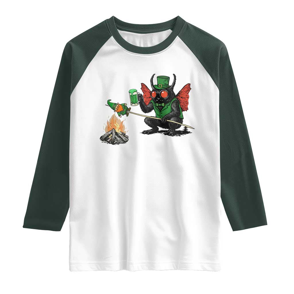 Funny Cryptid Mothman Raglan Shirt St Patricks Day Gift TS12 White Dark Forest Green Print Your Wear