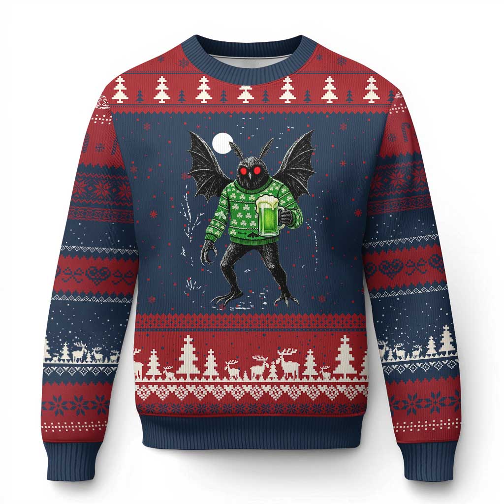 Funny Mothman St Patricks Day Ugly Christmas Sweater Gift For Cryptid Lovers TS12 Navy Red Print Your Wear