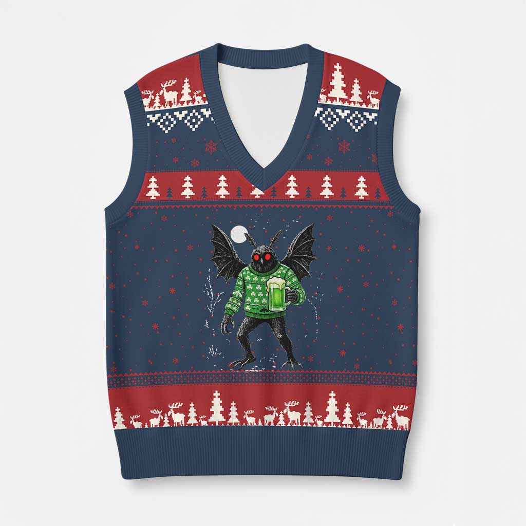 Funny Mothman St Patricks Day V-Neck Knit Sweater Vest Gift For Cryptid Lovers TS12 Navy Red Print Your Wear