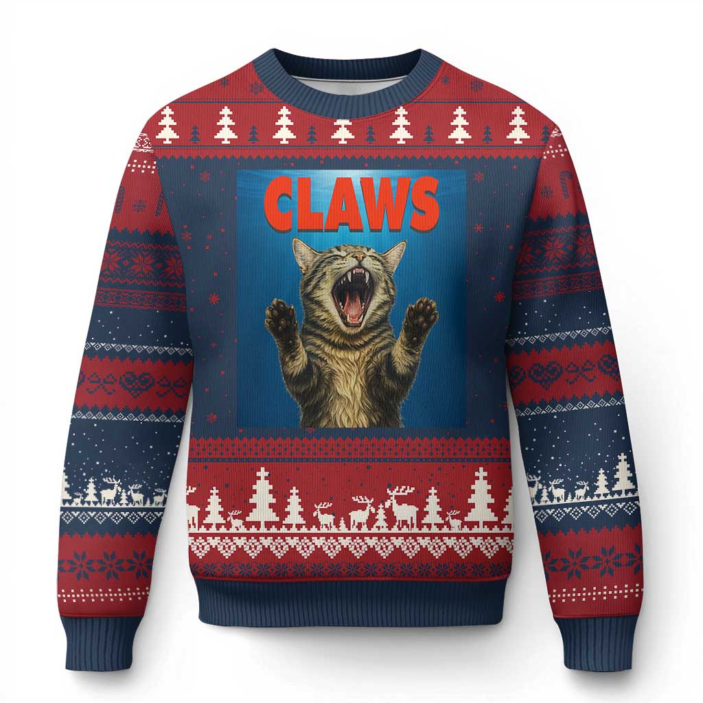 Funny Claws Cat Ugly Christmas Sweater Horror Movie Parody TS12 Navy Red Print Your Wear
