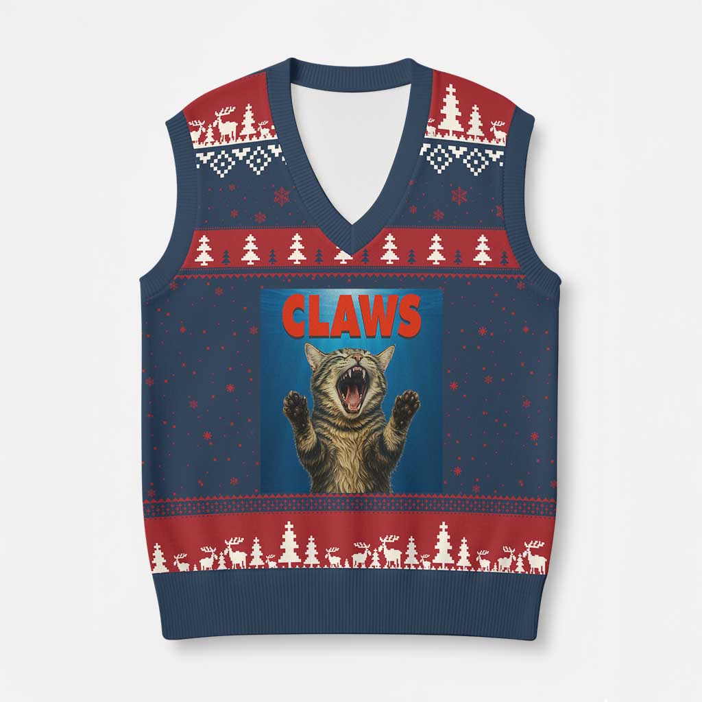 Funny Claws Cat V-Neck Knit Sweater Vest Horror Movie Parody TS12 Navy Red Print Your Wear