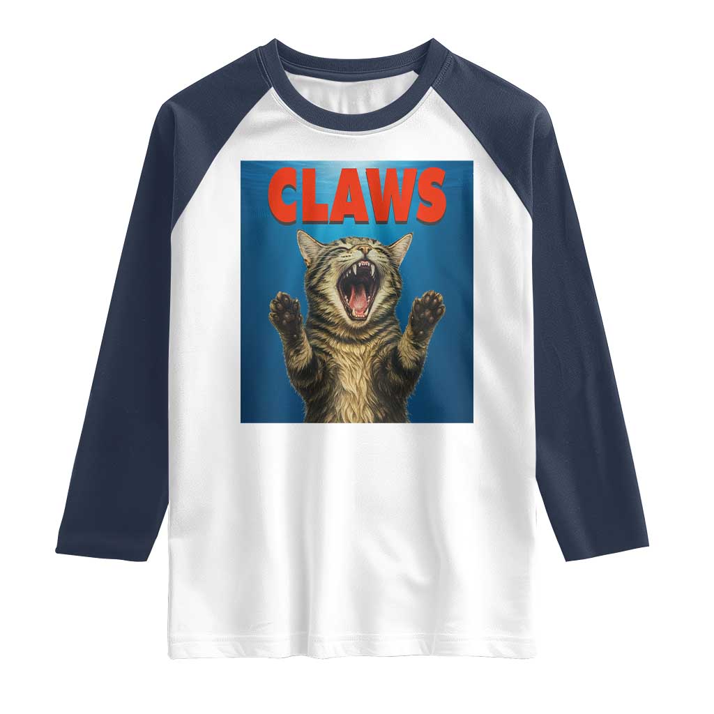 Funny Claws Cat Raglan Shirt Horror Movie Parody TS12 White Navy Print Your Wear