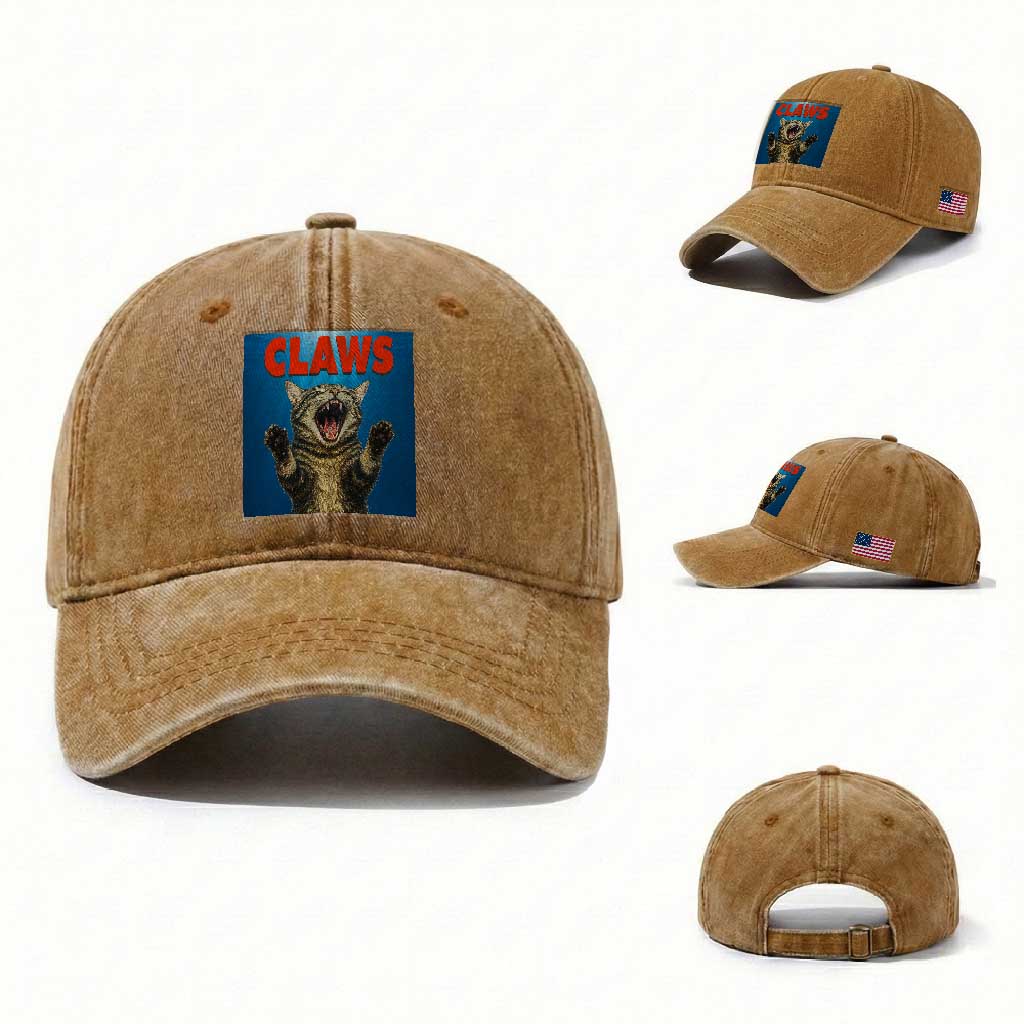 Funny Claws Cat Washed Cotton Baseball Cap Horror Movie Parody TS12 Washed Cap Universal Fit Yellow Ochre Print Your Wear