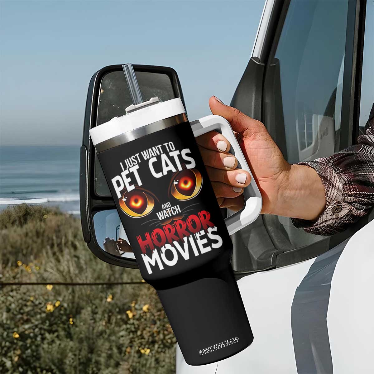 I Just Want To Pet Cats And Watch Horror Movies Tumbler With Handle TS12 Print Your Wear