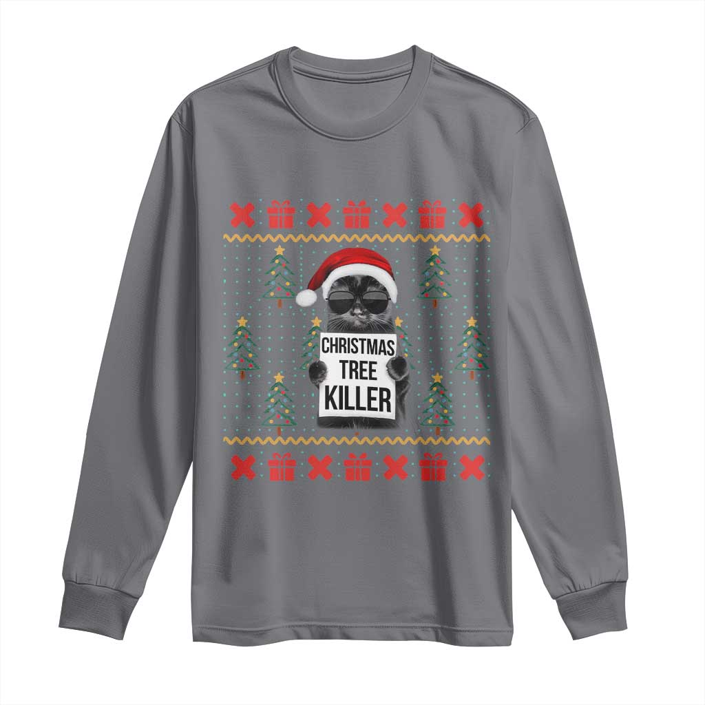 Funny Xmas Black Cat Long Sleeve Shirt Christmas Tree Killer Santa Kitten TS12 Charcoal Print Your Wear