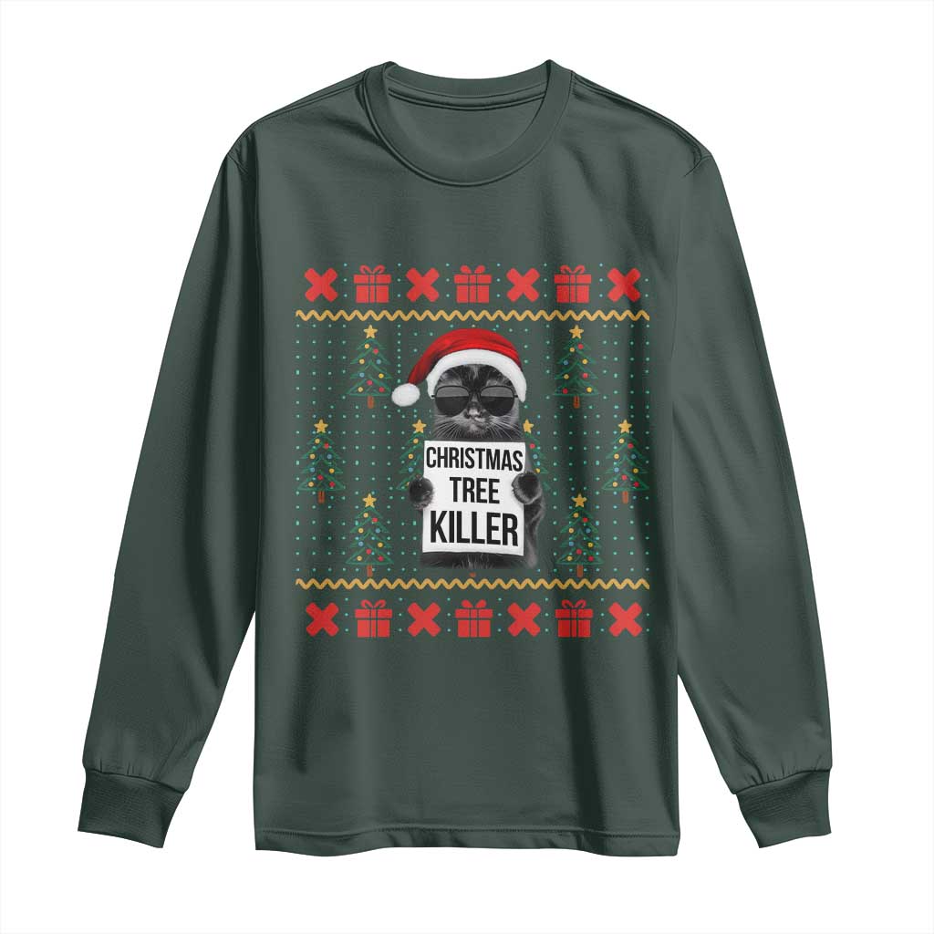 Funny Xmas Black Cat Long Sleeve Shirt Christmas Tree Killer Santa Kitten TS12 Dark Forest Green Print Your Wear