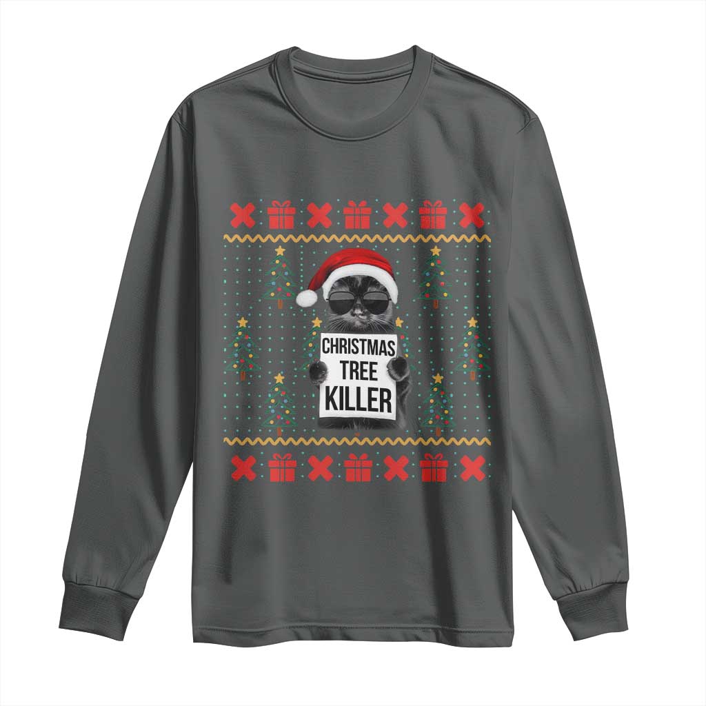 Funny Xmas Black Cat Long Sleeve Shirt Christmas Tree Killer Santa Kitten TS12 Dark Heather Print Your Wear