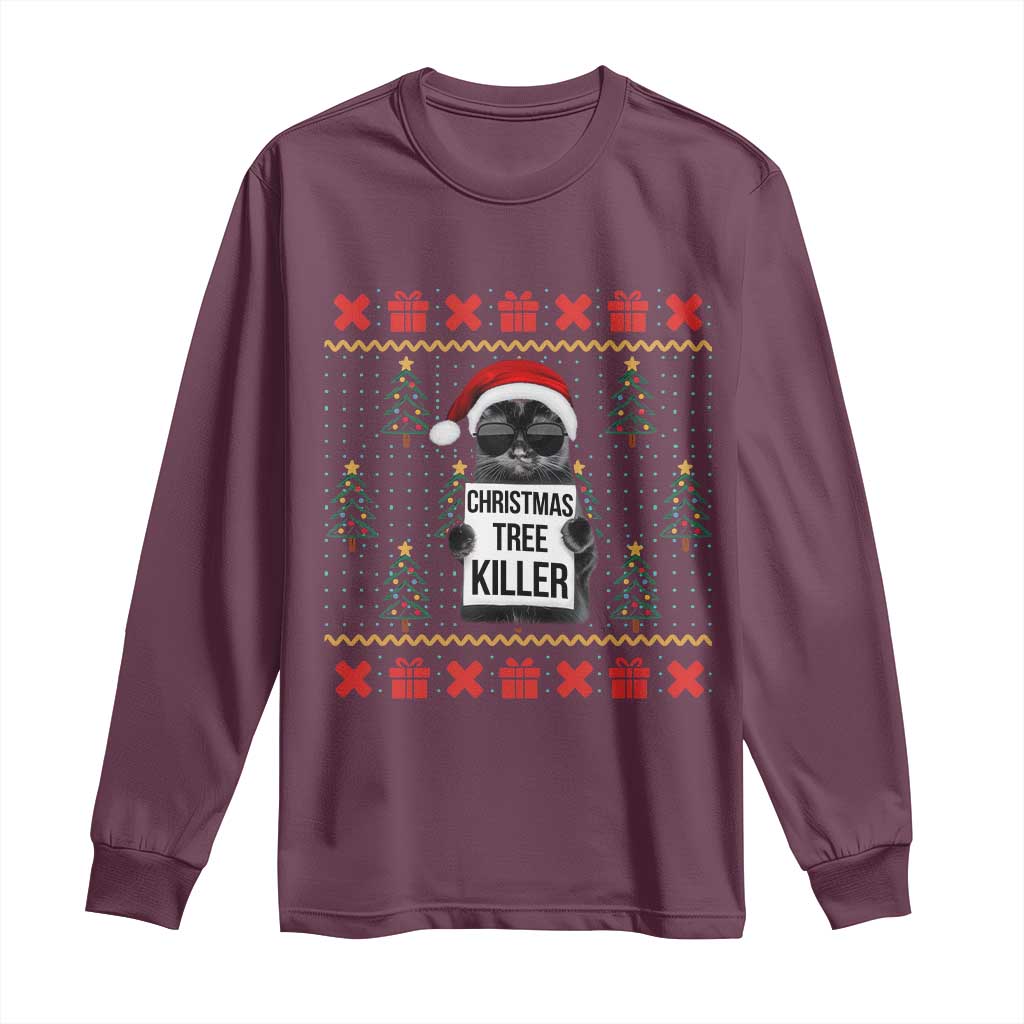 Funny Xmas Black Cat Long Sleeve Shirt Christmas Tree Killer Santa Kitten TS12 Maroon Print Your Wear