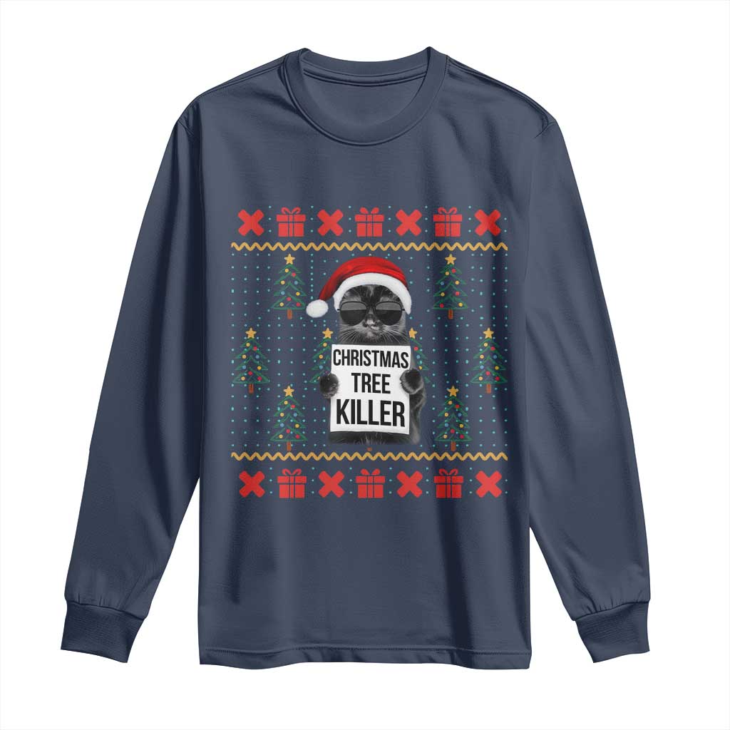 Funny Xmas Black Cat Long Sleeve Shirt Christmas Tree Killer Santa Kitten TS12 Navy Print Your Wear