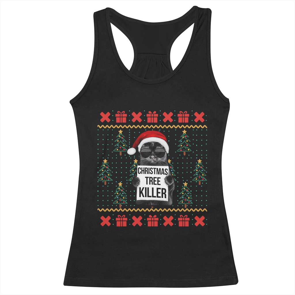 Funny Xmas Black Cat Racerback Tank Top Christmas Tree Killer Santa Kitten TS12 Black Print Your Wear