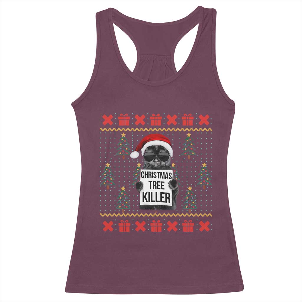 Funny Xmas Black Cat Racerback Tank Top Christmas Tree Killer Santa Kitten TS12 Maroon Print Your Wear
