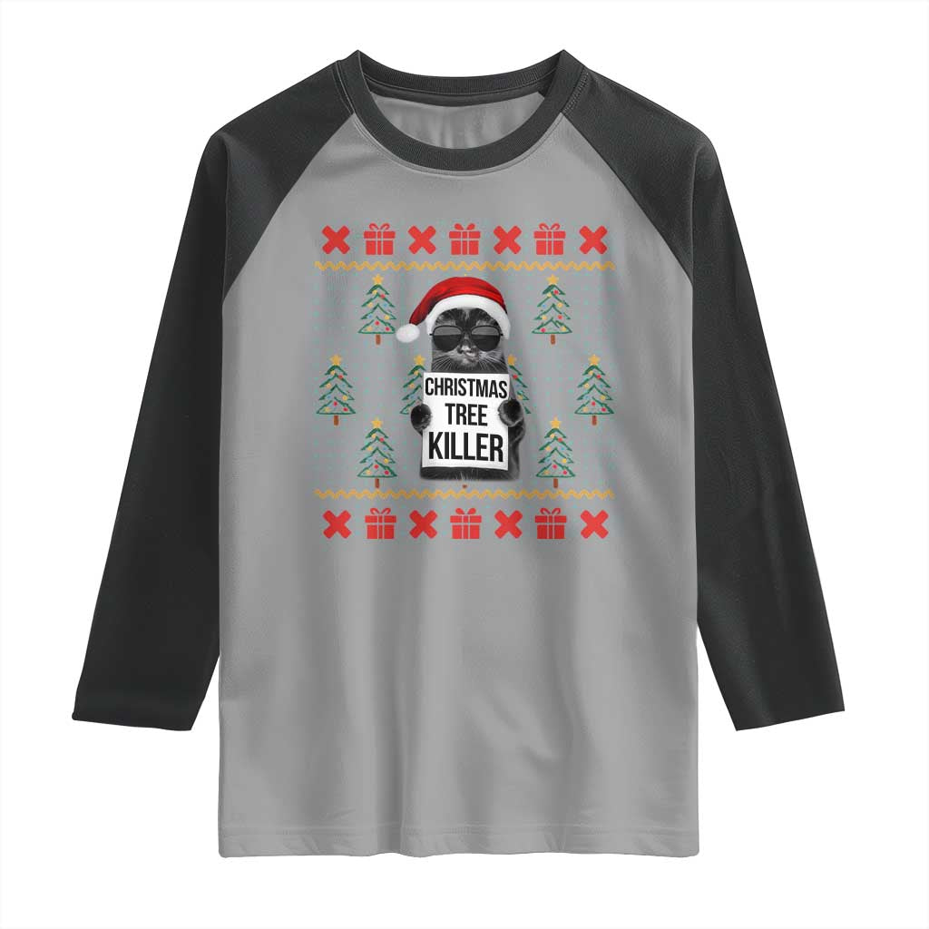 Funny Xmas Black Cat Raglan Shirt Christmas Tree Killer Santa Kitten TS12 Sport Gray Black Print Your Wear
