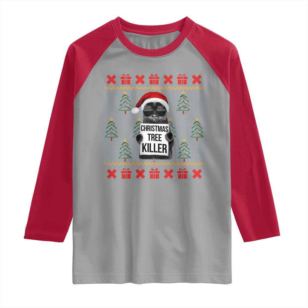 Funny Xmas Black Cat Raglan Shirt Christmas Tree Killer Santa Kitten TS12 Sport Gray Red Print Your Wear