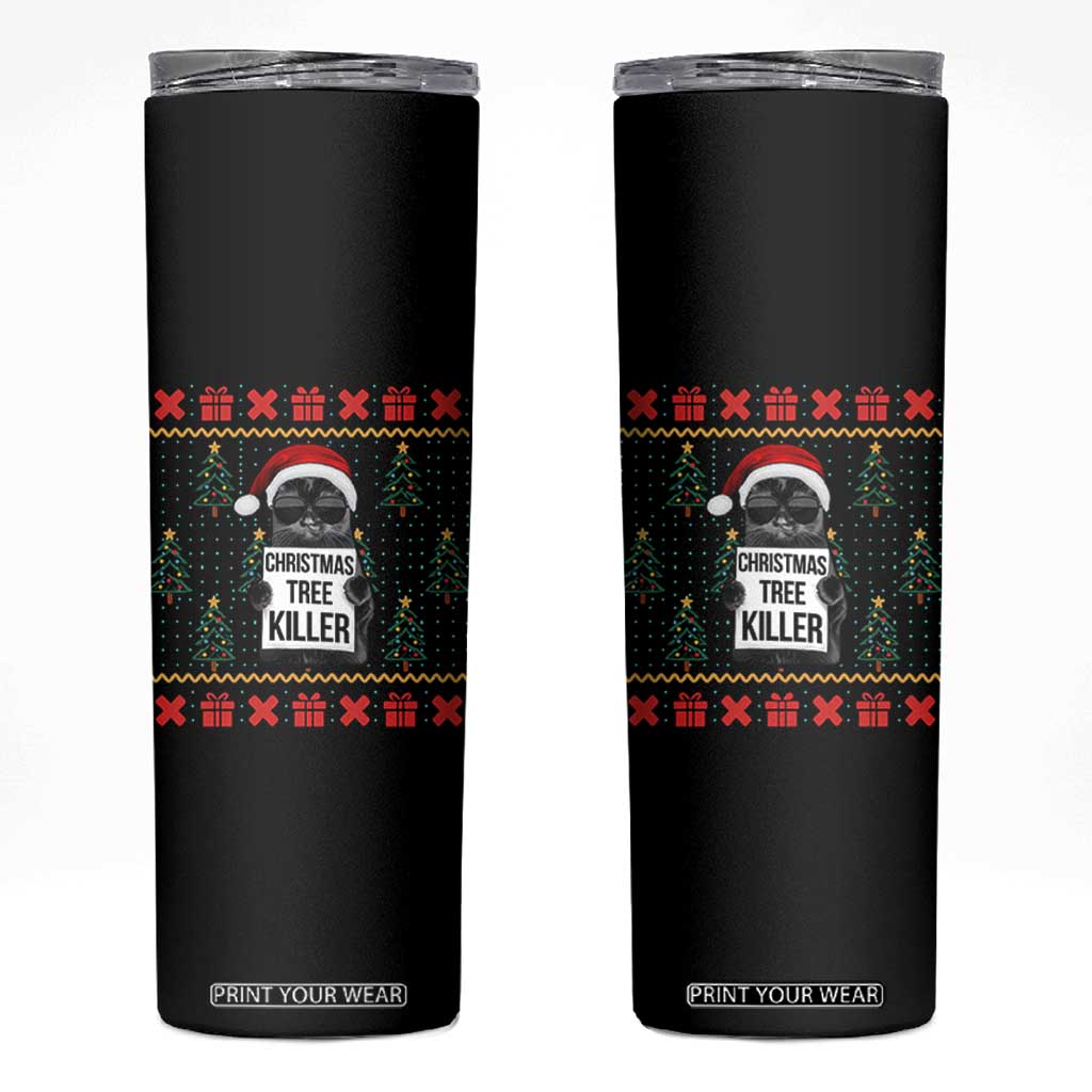 Funny Xmas Black Cat Skinny Tumbler Christmas Tree Killer Santa Kitten TS12 Black Print Your Wear