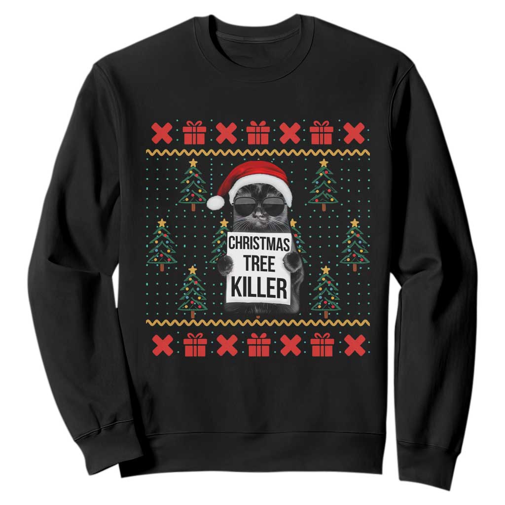 Funny Xmas Black Cat Sweatshirt Christmas Tree Killer Santa Kitten TS12 Black Print Your Wear