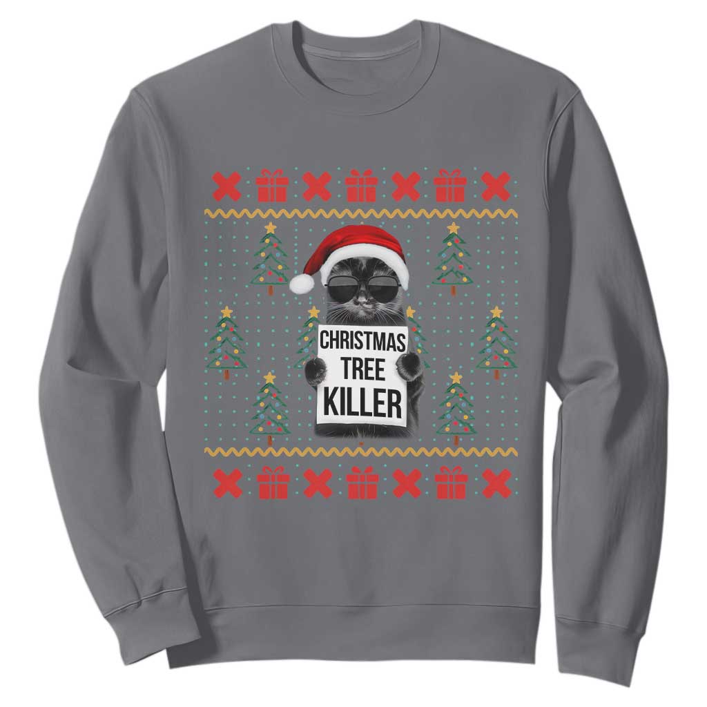 Funny Xmas Black Cat Sweatshirt Christmas Tree Killer Santa Kitten TS12 Charcoal Print Your Wear