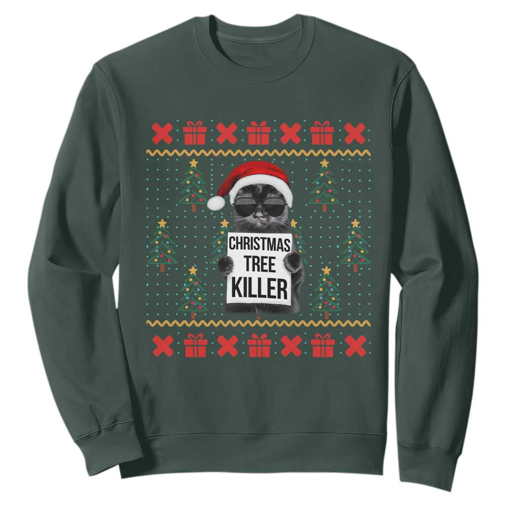 Funny Xmas Black Cat Sweatshirt Christmas Tree Killer Santa Kitten TS12 Dark Forest Green Print Your Wear