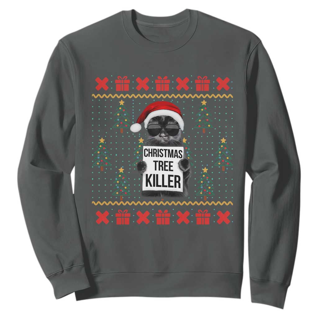 Funny Xmas Black Cat Sweatshirt Christmas Tree Killer Santa Kitten TS12 Dark Heather Print Your Wear