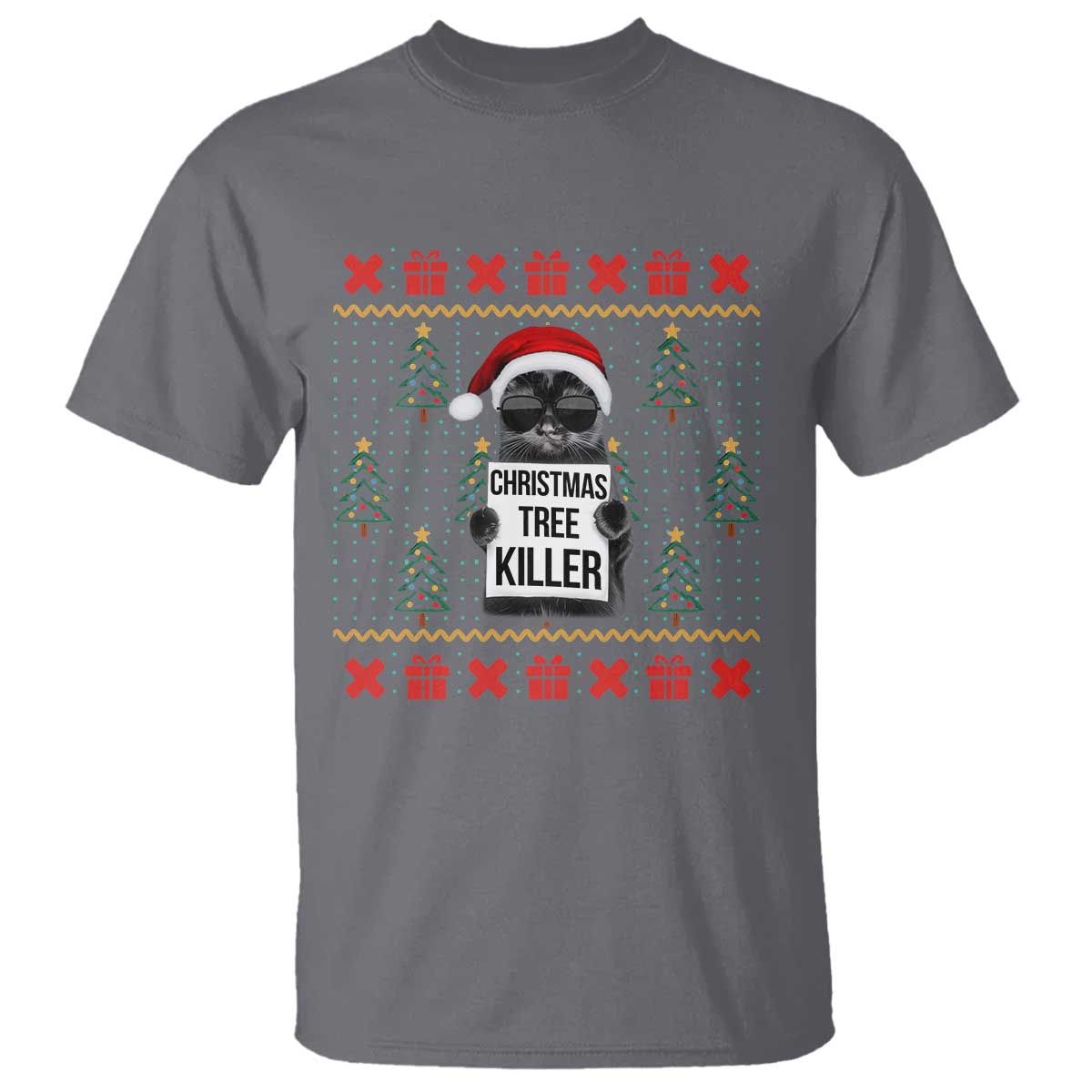 Funny Xmas Black Cat T Shirt Christmas Tree Killer Santa Kitten TS12 Charcoal Print Your Wear