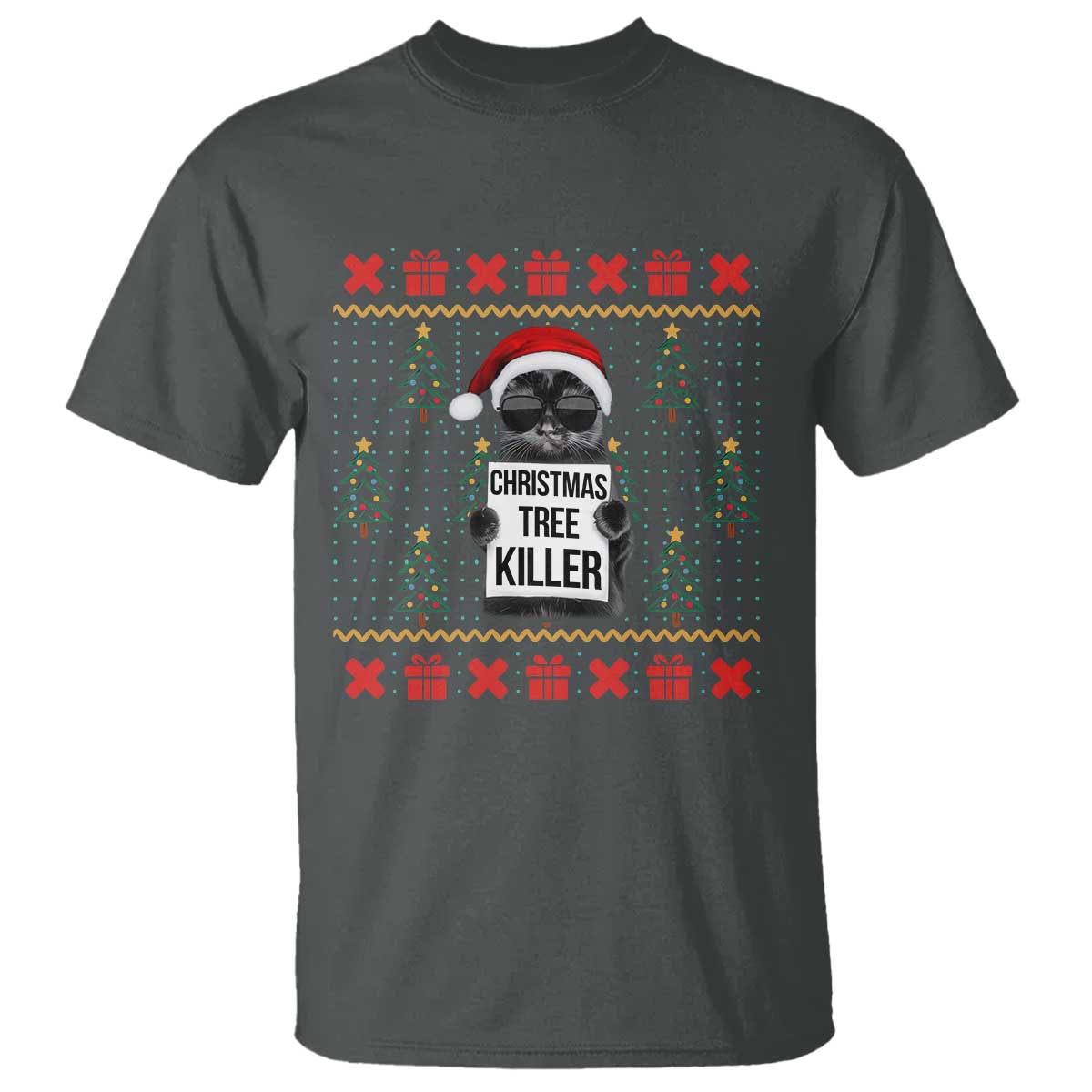 Funny Xmas Black Cat T Shirt Christmas Tree Killer Santa Kitten TS12 Dark Heather Print Your Wear