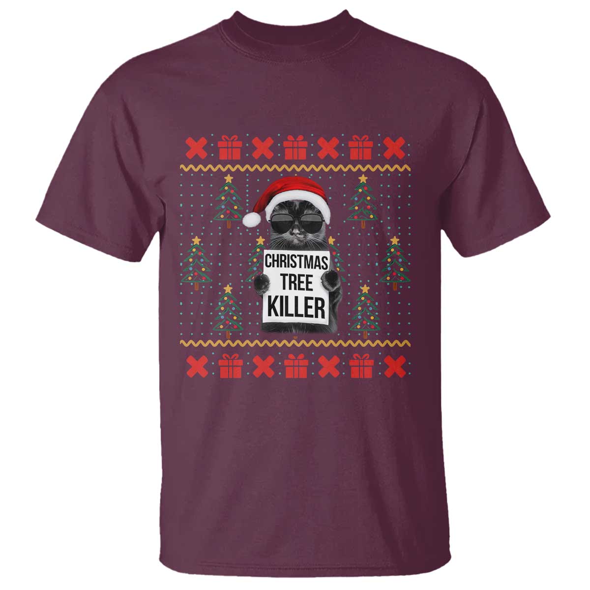 Funny Xmas Black Cat T Shirt Christmas Tree Killer Santa Kitten TS12 Maroon Print Your Wear